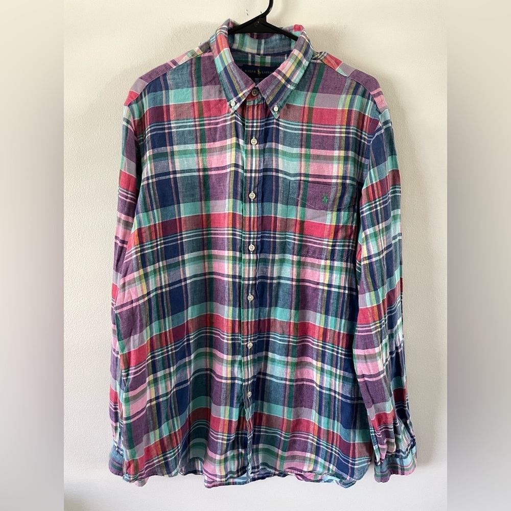 Ralph Lauren 100% Linen Plaid Button Down Shirt Mens Size XL - Picture 3 of 7